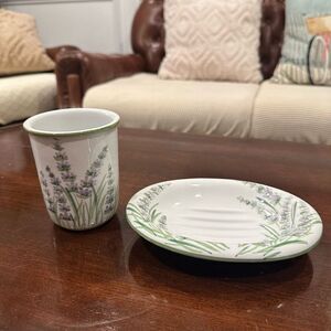 Andrea by Sadek Rinse Cup & Soap Holder Ceramic‎ Lavender Design